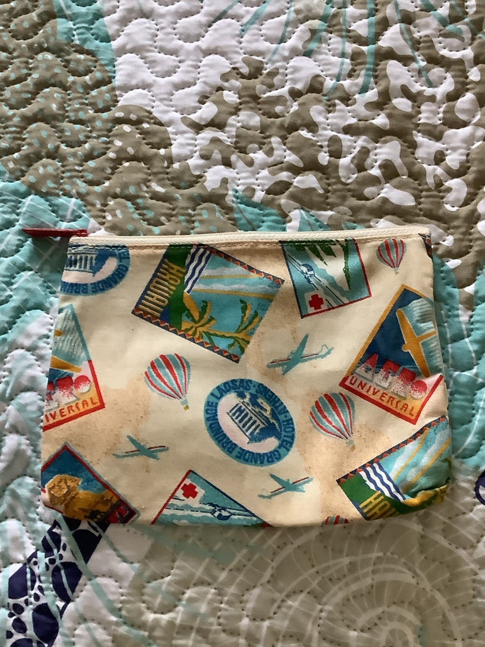 Estee Lauder Cream Travel-Stamp Canvas Cosmetic Pouch with Blue & Red Accents